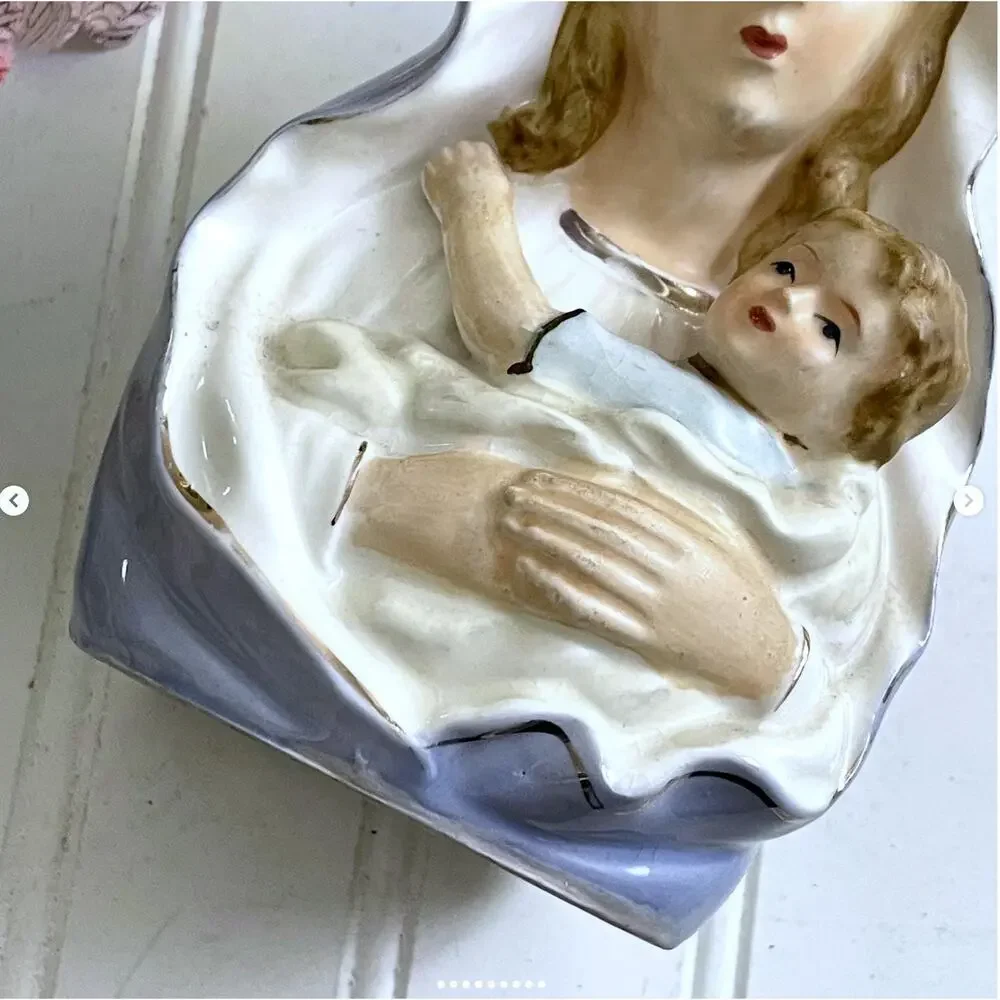Vintage Mary Blessed Mother Baby Jesus Planter Religious Vase Porcelain Ceramic